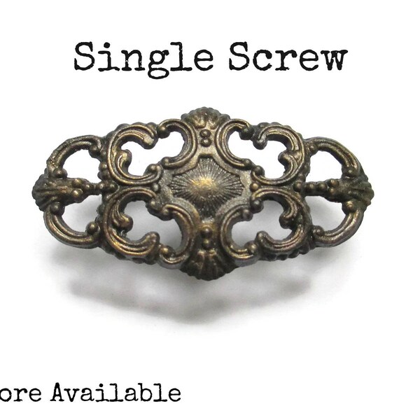 Vintage Drawer Knobs - Oval French Provincial - Single Screw - Long Ornate Scroll Swirl Pull - Antique dark brass single screw handles