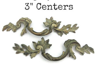 Pair of Vintage French Provincial Drawer Pulls: Curved Cream & Brass Tone Handles, Slightly Curved