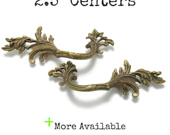 Pair of Vintage French Provincial Drawer Pulls 2.5" Centers Ornate Solid Brass Furniture Directional Handles