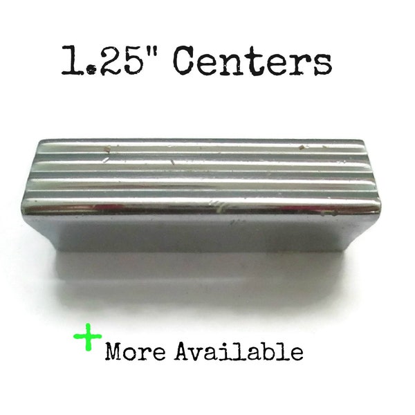 Small Vintage Drawer Pull - 1.25" Centers - Heavy Chrome Bin Handle - 1 1/4 inch on center hole spacing Art Deco Silver Lines furniture knob