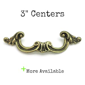 Vintage Drawer Pull 3 centers Ornate French Provincial Handle Aged Brass Metal