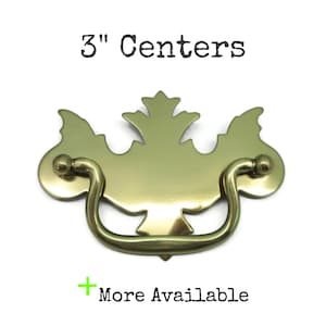 May include: A polished brass drawer pull with a decorative backplate featuring a central leaf-like motif and a curved drop handle. The text 3" Centers is printed above the hardware, and the text + More Available is printed below the hardware.