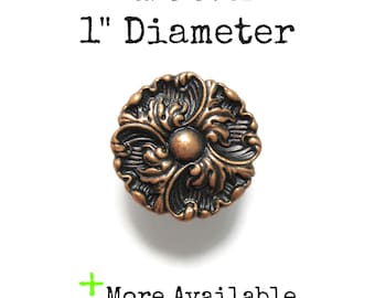 Small Vintage French Provincial Drawer Knob Just over 1" Diameter Pulls Antique Copper Colored Round Floral Single Screw Handle