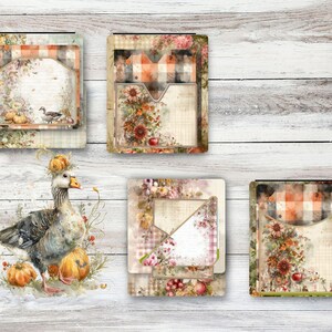 May include: A watercolour illustration of a goose with pumpkins and floral elements. The image includes several decorative paper cards with floral and plaid patterns, ideal for scrapbooking or crafting projects. The colour palette includes warm tones of orange, brown, and green.