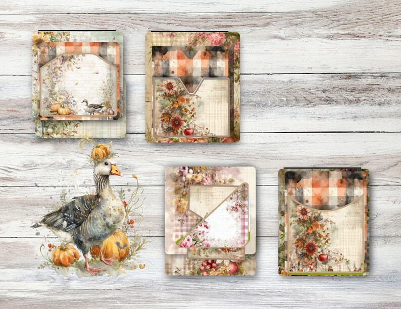 May include: A watercolour illustration of a goose with pumpkins and floral elements. The image includes several decorative paper cards with floral and plaid patterns, ideal for scrapbooking or crafting projects. The colour palette includes warm tones of orange, brown, and green.