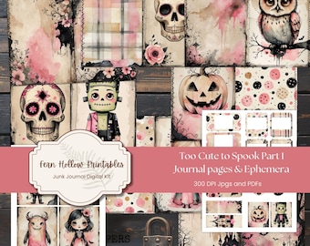 May include: A digital junk journal kit titled "Too Cute to Spook Part 1" with journal pages and ephemera. The kit includes illustrations of skulls, an owl, a pumpkin, and other Halloween-themed graphics. The color palette includes pink, black, and brown.