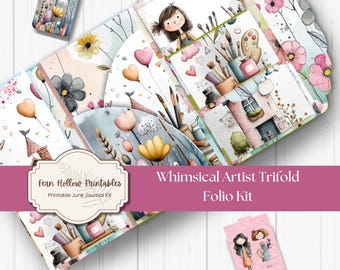 Whimsical Art Junk Journal Folio Kit – Cute Art Girls Folio Printable with Crafty Trifold Folio, Art-Themed Ephemera & How-to Instructions