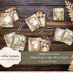 May include: A selection of decorative paper clips and printable paper clip designs with a vintage aesthetic. The designs feature floral and gingham patterns, with a duck illustration. The text reads "Gingham & Geese Hidden Paper Clips Mix & Match".