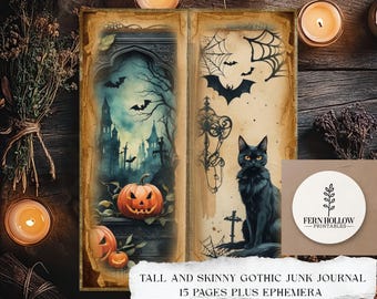 Tall & Skinny Halloween Gothic Junk Journal Kit | Dark and Whimsical Printable Pages Ephemera | Digital Scrapbook