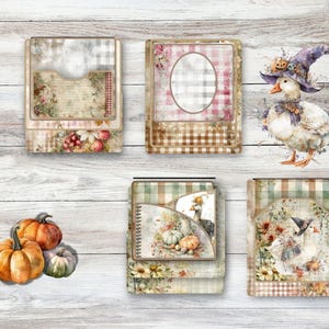 May include: A selection of digital scrapbook elements with an autumnal theme. The image shows a watercolour illustration of a goose in a witch's hat, pumpkins, and decorative paper pockets with floral and gingham patterns. The colour scheme includes orange, brown, and green.