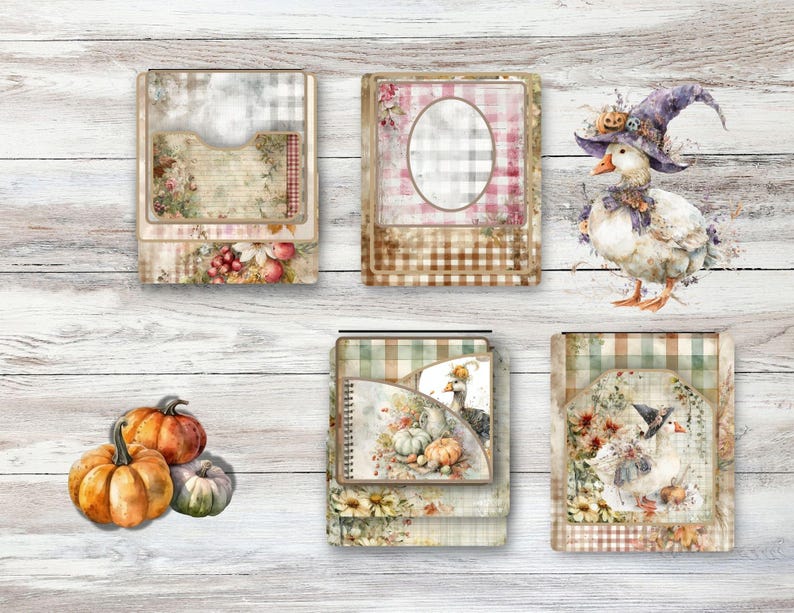 May include: A selection of digital scrapbook elements with an autumnal theme. The image shows a watercolour illustration of a goose in a witch's hat, pumpkins, and decorative paper pockets with floral and gingham patterns. The colour scheme includes orange, brown, and green.