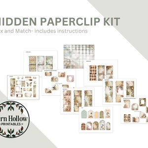 May include: A Hidden Paperclip Kit featuring printable designs. The kit includes mix-and-match elements, such as frames, tags, and patterned papers, with floral and plaid patterns. The text "Hidden Paperclip Kit" and "Fern Hollow Printables" are visible.