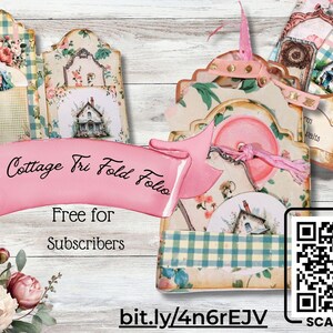 May include: Victorian Cottage Tri Fold Folio with floral and cottage designs. The image includes a pink banner with text, a QR code, and a link. The folios have pockets and are decorated with ribbons.