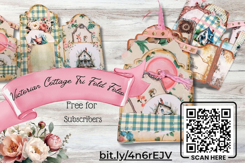 May include: Victorian Cottage Tri Fold Folio with floral and cottage designs. The image includes a pink banner with text, a QR code, and a link. The folios have pockets and are decorated with ribbons.