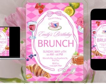 Brunchverjaardagsuitnodiging, bewerkbare canvassjabloon, uitnodiging damesfeestje, champagnemimosa's, afdrukbare digitale download