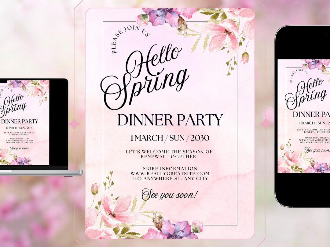 Spring Food Invitation Spring Dinner Party Invitation | Floral Editable Canva Template ...