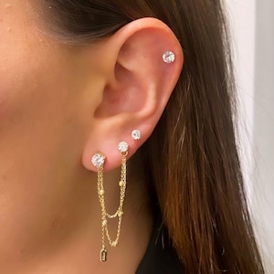 14kt Helix Chain Earring .14kt boho Gold ear cuff chain earrings. 14kt Cartilage stud earrings .14k chain drop earrings. Bridesmaid earrings