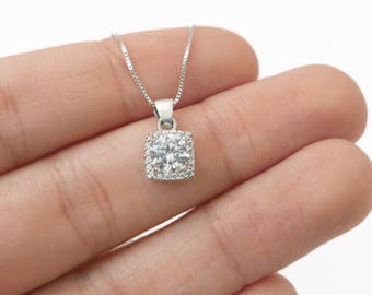 Square 14k gold necklace. white gold pendant. Gold necklace, gold jewelry, crystal necklace, gold necklace. zircon pendant