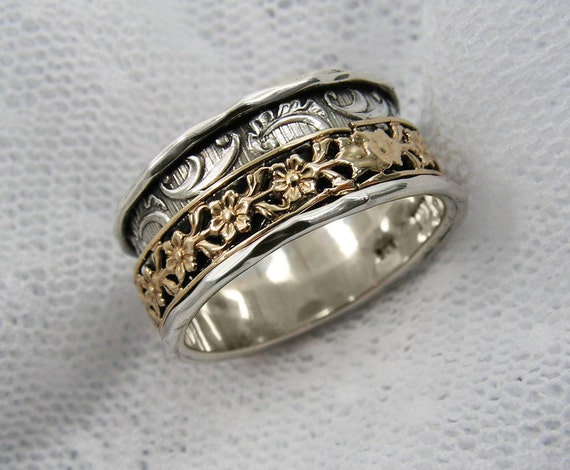Spinner ring.worry rings. Meditation Ring Sterling silver gold floral spinner ring. Wide spinner ring.Birthday gift (gsr-7051-966-972-965).