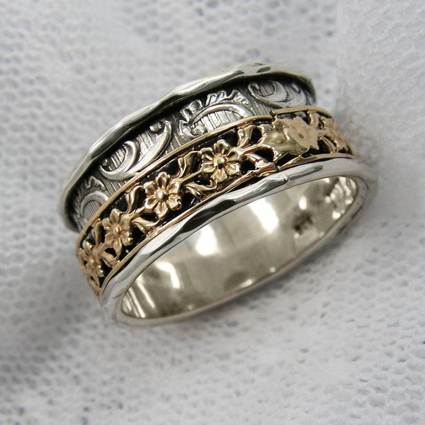 Spinner ring.worry rings. Meditation Ring Sterling silver gold floral spinner ring. Wide spinner ring.Birthday gift (gsr-7051-966-972-965).