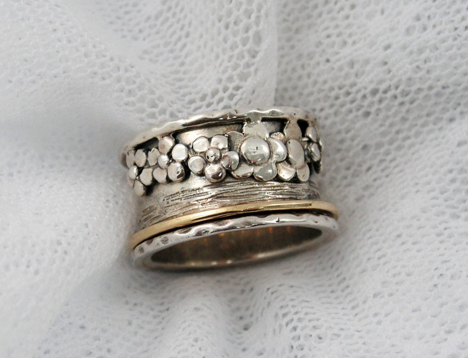 Sterling Silver Gold Spinner Ring. Floral Spinner Ring. Wide Etsy