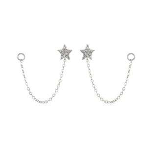 14kt solid gold star stud and Drape Chain. Stud Earring ,long chain stads earrings. wire earrings. chain dangle earrings
