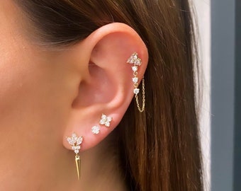 Arete de cadena de hélice de 14kt. Aretes de cadena de puño de oreja de oro boho de .14kt. Aretes de cartílago de 14kt Aretes colgantes de cadena de .14k. Pendientes de dama de honor