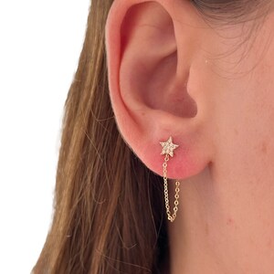 14kt solid gold star stud and Drape Chain. Stud Earring ,long chain stads earrings. wire earrings. chain dangle earrings