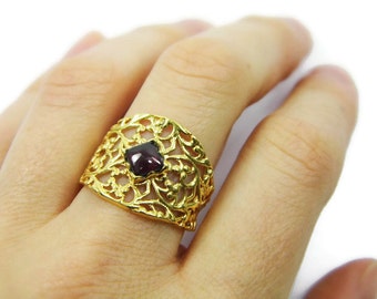 Garnet gold ring. Gold ring. 14k Gold lace ring. Garnet ring. Wide gold ring. Birthday gift ideas, gem ring, gold ring (gr-9090-810)
