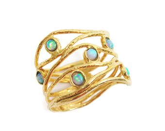 Anillo de ópalo de oro. Anillo de ópalo de oro amarillo de 14k con ondas anchas. Regalo para ella, ideas para regalos de cumpleaños, joyería de ópalo (sr9784-1298)