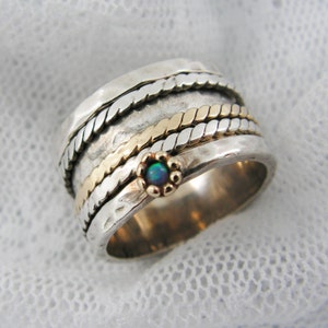 Sterling Silver Gold Spinner Ring. Opal Spinner Ring. Wide Spinner Ring ...