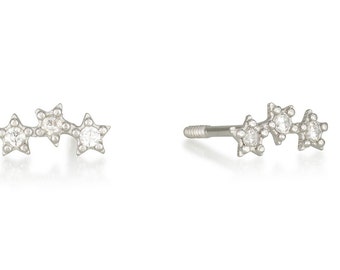 Aretes escaladores diminutos de oro de 14kt. Aretes delicados CZ. Perforaciones de pernos. Pendientes minimalistas. Aretes de circón cúbico de pernos de .14kt.
