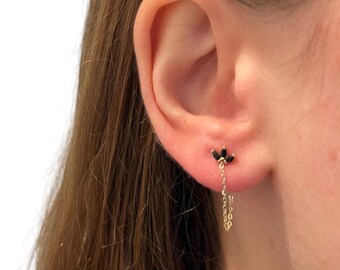 Pendiente de media flor pequeña de oro macizo de 14kt y pendiente de cadena drapeada, pendientes de cadena larga. pendientes de alambre. pendientes colgantes de cadena