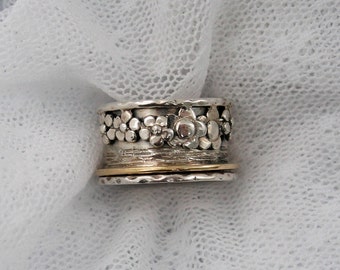 Sterling silver gold spinner ring. Floral spinner ring. Wide spinner ring. Silver floral ring. (gsr-7055-975-986-989). romantic