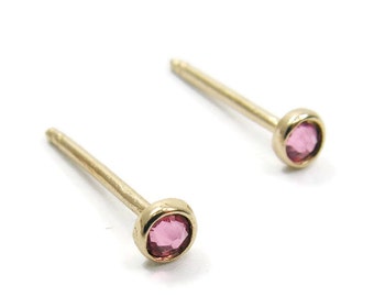 Gold stud earrings- solid 14k gold 3mm bright pink Swarovski crystal stud earrings. Gold post earrings. Dainty gold earrings. Minimalist