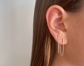 Pendiente de barra pequeña y cadena drapeada de oro macizo de 14kt, pendientes de cadena larga. Pendientes enhebradores.