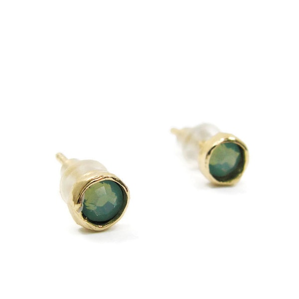 Gold Swarovki earrings- 14k gold 5mm bright green Swarovski stud earrings. Gold post earrings. Dainty earrings. Green gold earrings