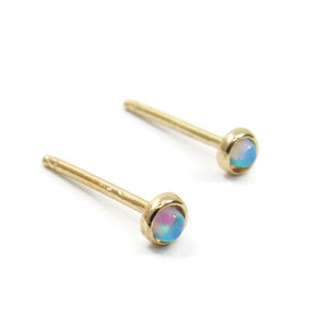 Opal Stud Earrings. Tiny post earrings. Minimalist stud. 14k gold 3mm Opal stud earrings. Opal jewelry. Gold post earrings. Gold stud image 1