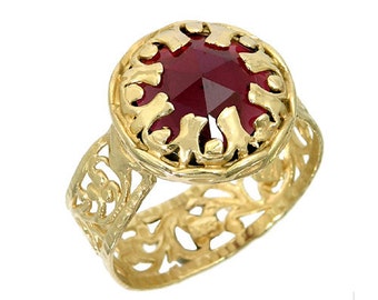 Garnet ring. Gold ring. Lace gold ring. Lace ring. Garnet gold ring. 14K. gem ring, birthday gift ideas, anniversary gift.(gr-9119-867)