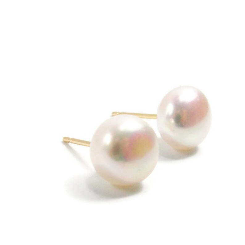 Pearl Gold Earrings. 14k Gold Post Earrings. 8mm Pearl Etsy