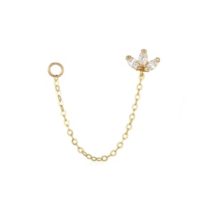 14kt solid gold Small half flower and Drape Chain Stud Earring ,long chain stads earrings. wire earrings. chain dangle earrings