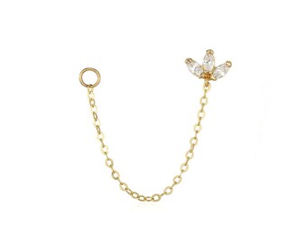 Pendiente de media flor pequeña de oro macizo de 14kt y pendiente de cadena drapeada, pendientes de cadena larga. pendientes de alambre. pendientes colgantes de cadena