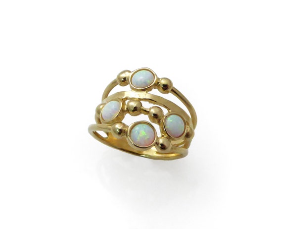 Gold white opal ring. Gold ring. White stones opal ring. Opal ring. Opal gold ring. Wide opal ring. Wide ring. 14kt gold rings