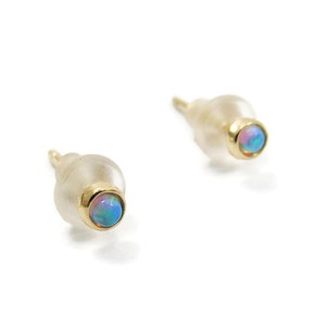 Opal Stud Earrings. Tiny post earrings. Minimalist stud. 14k gold 3mm Opal stud earrings. Opal jewelry. Gold post earrings. Gold stud image 2