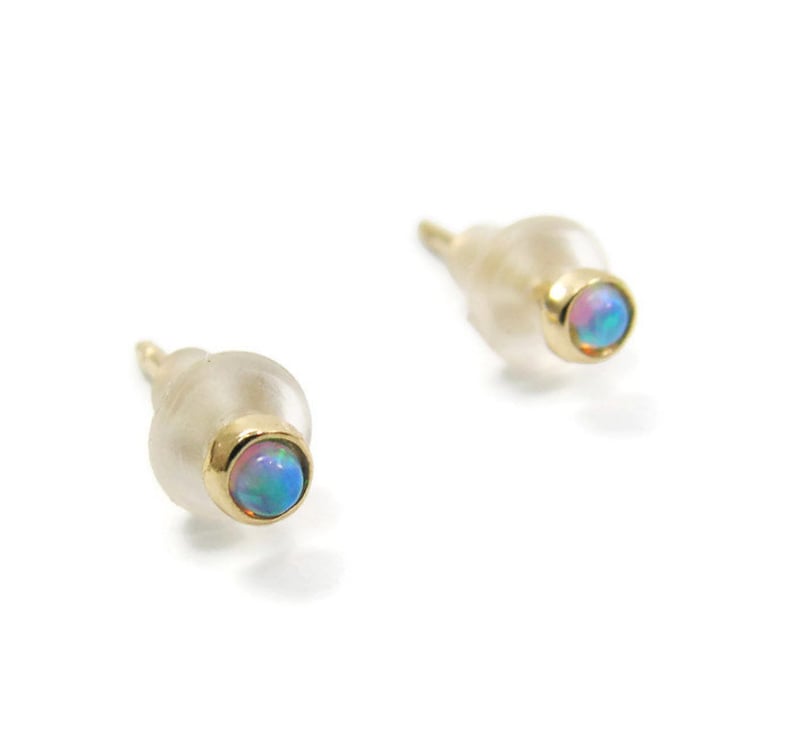 Opal Stud Earrings. Tiny post earrings. Minimalist stud. 14k gold 3mm Opal stud earrings. Opal jewelry. Gold post earrings. Gold stud image 2