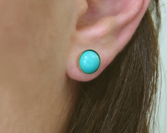 Gold stud earrings. 14k Gold earrings. 8mm Turquoise post earrings. Turquoise stud earrings. Birthday gift ideas. Turquoise jewelry