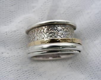 Spinner ring. Sterling silver gold ,unisex spinner ring. wide spinner ring, Men spinner ring. Textured spinner ring ,lazy ring