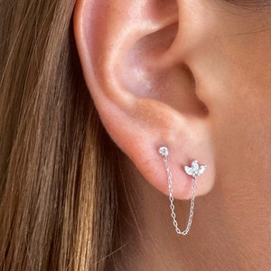 14kt solid gold Small half flower and Drape Chain Stud Earring ,long chain stads earrings. wire earrings. chain dangle earrings