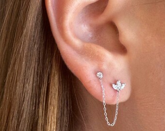 Pendiente de media flor pequeña de oro macizo de 14kt y pendiente de cadena drapeada, pendientes de cadena larga. pendientes de alambre. pendientes colgantes de cadena