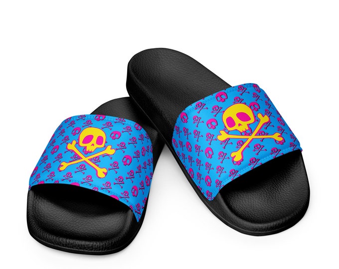 Pop Art Pirate Skull & Crossbones Patterned Beach and Pool Slides - Blue